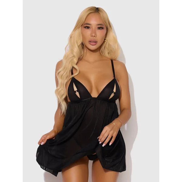 Yasmine Shimmer Mesh O-Ring Slit Cup Babydoll Set