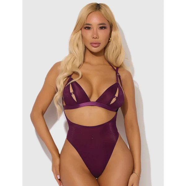 Yasmine Shimmer Mesh Slit Cup, Backless Teddy & Bralette Set - Burgundy SM