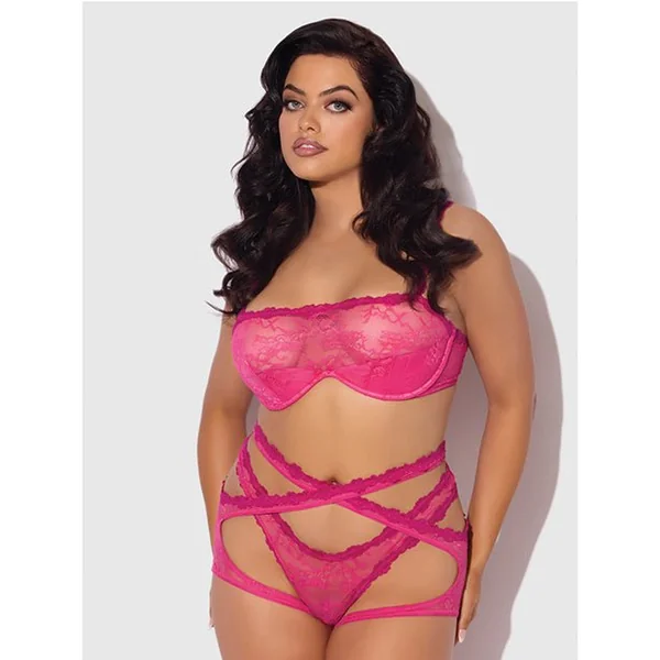 Yvone Lace Bra w/Removable Straps, Garter & Tanga Panty 3 pc Set - Pink 1X/2X
